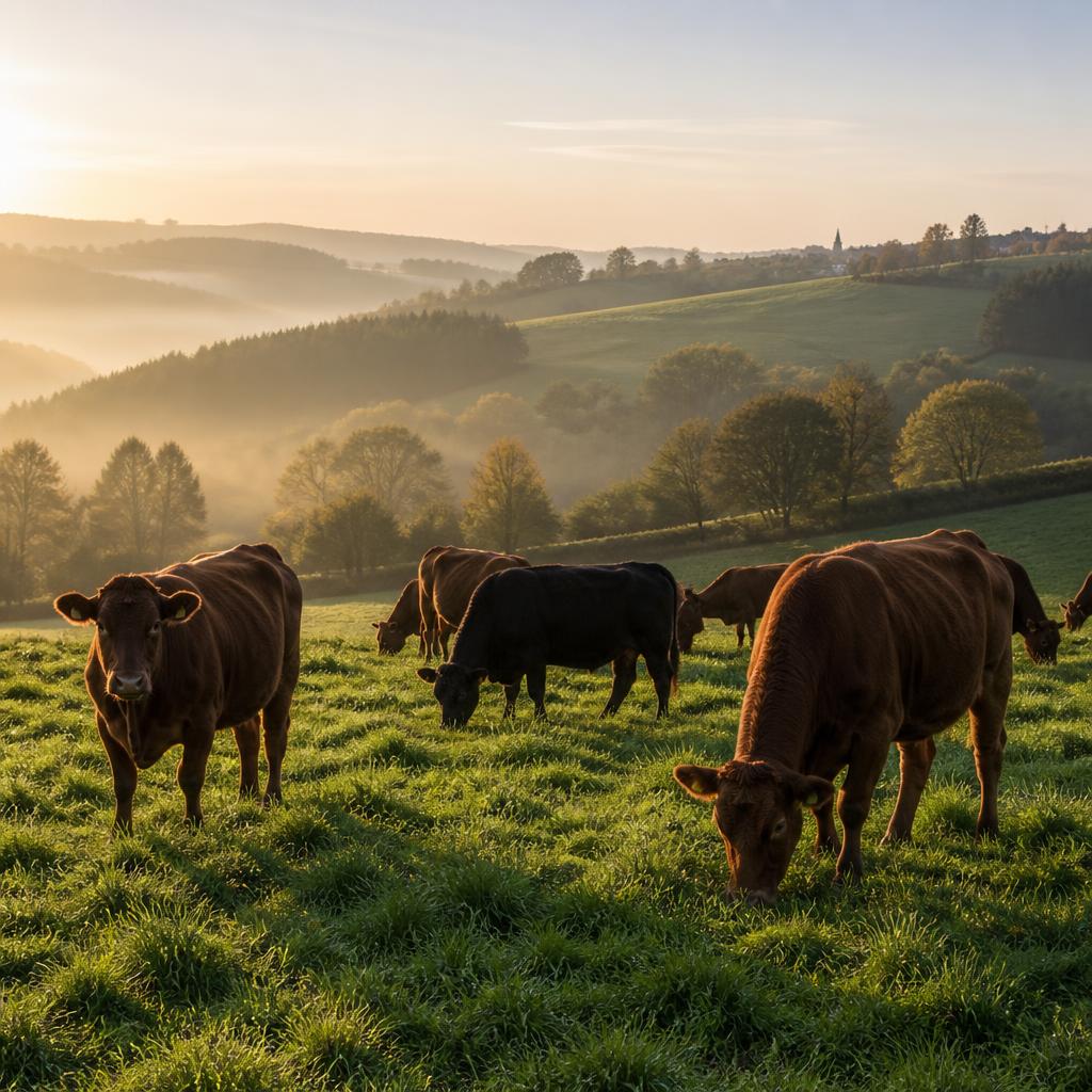 Rinder aus eigener Landwirtschaft auf der Weide im Bergischen Land